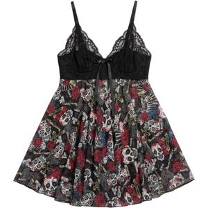 Avidlove Babydoll Chemise Womens Large Black Sugar Skull Rose Lace Goth